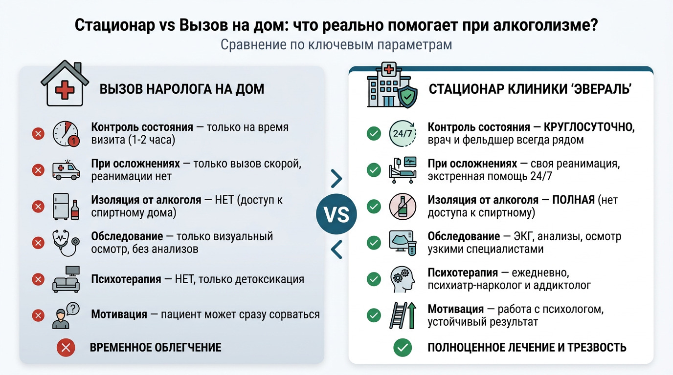 Инфографика сравнение лечения алкоголизма в стационаре и вызова нарколога на дом